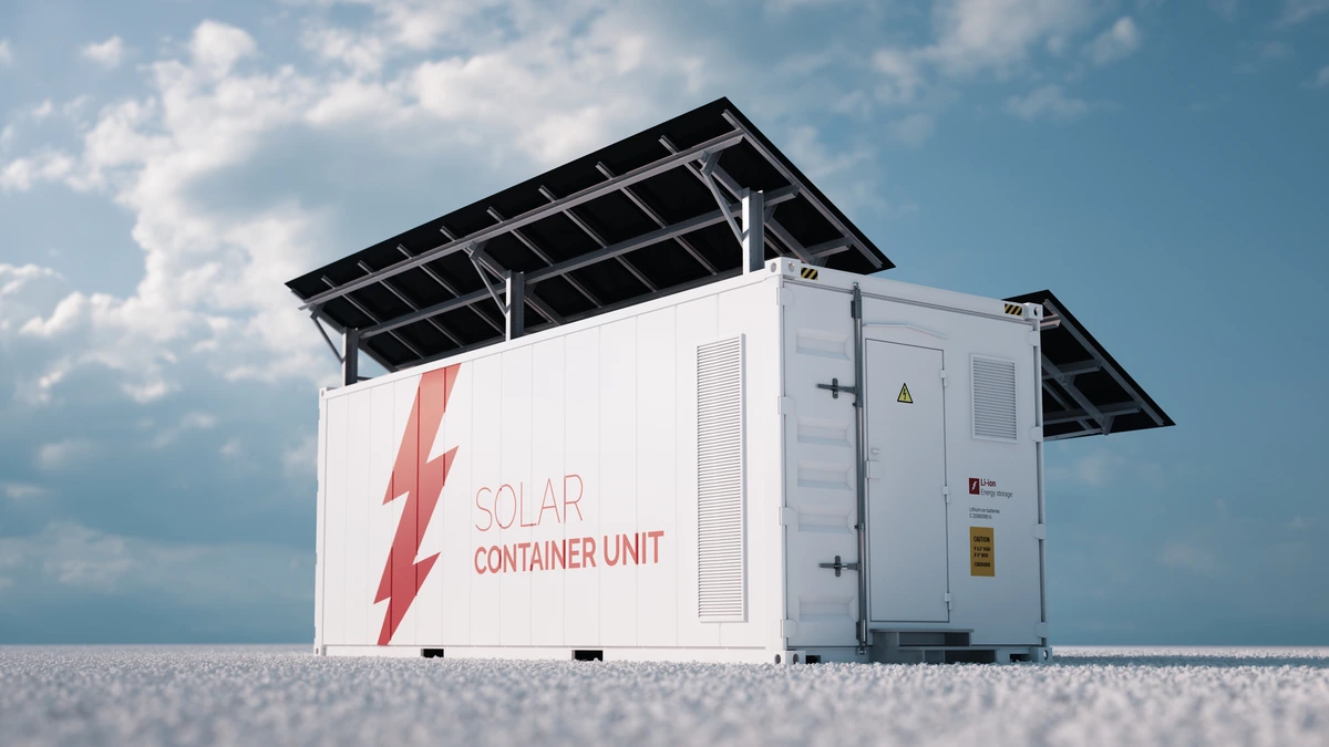 A renewable energy site featuring a solar battery storage container and installed solar panels