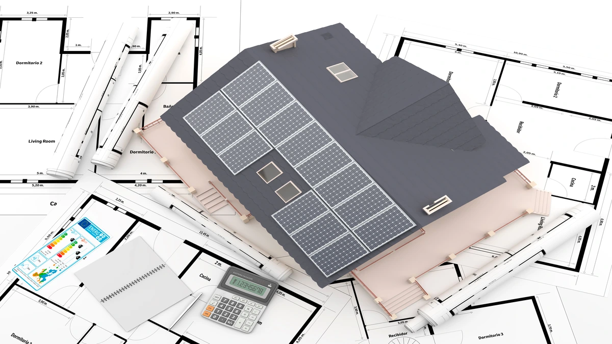 An engineered house blueprint with a solar panel array model, standard documentation from a leading solar panel installer.